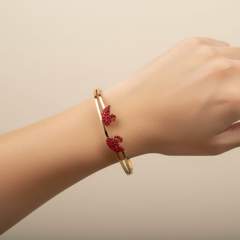 Red Crystal Double Swan Bangle – Gold-Tone Hinged Bracelet – Romantic Jewelry Gift