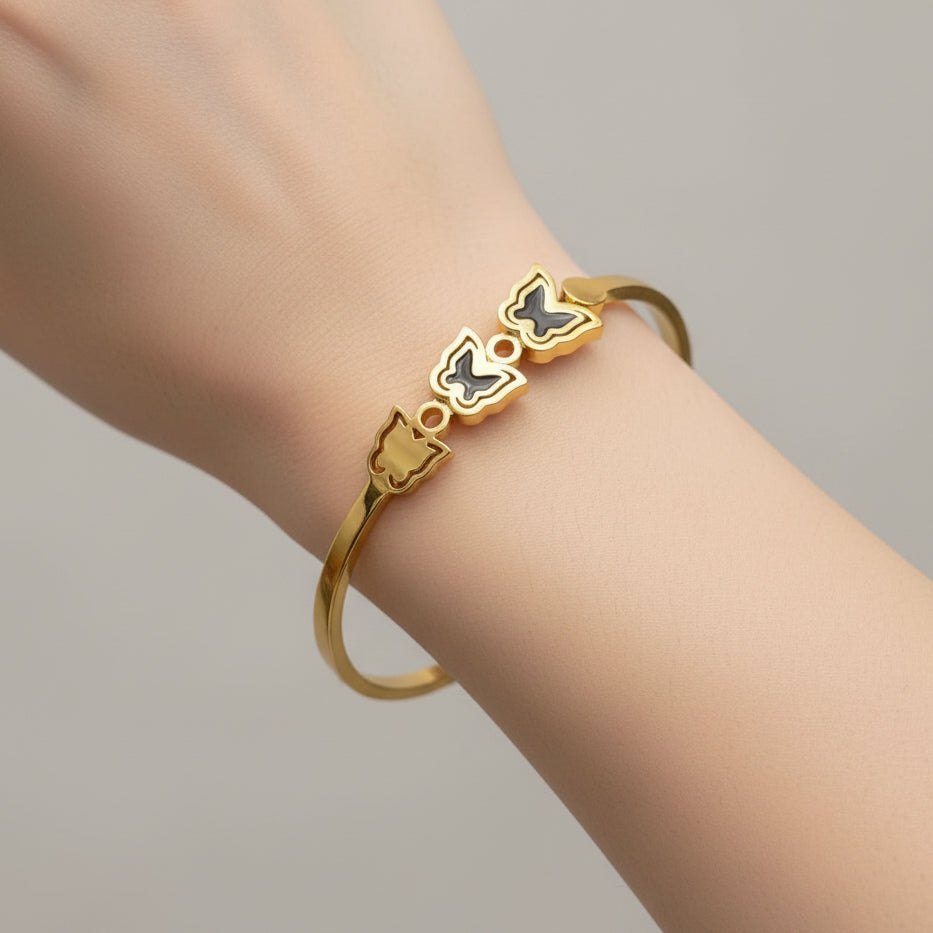 Luxury Gold-Tone Clover Bangle | Triple Charm Black Enamel Bracelet (free size)
