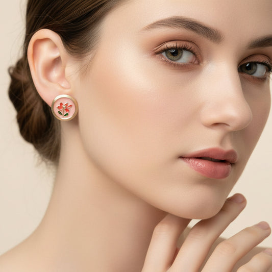 Vintage-Inspired Floral Enamel Studs – Peach & Crimson Rose Button Earrings with Gold-Tone Border