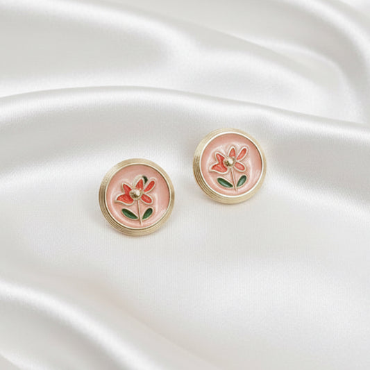 Vintage-Inspired Floral Enamel Studs – Peach & Crimson Rose Button Earrings with Gold-Tone Border