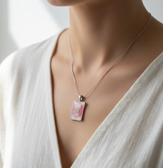"Forever Bloom" Pink Flower Necklace - Resin and Sterling Silver-Tone Daisy Pendant