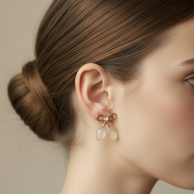 Vintage-Style Gold Bow & Glimmering Teardrop Earrings | Romantic Ribbon Studs