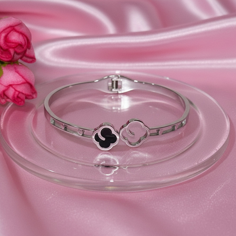 Stainless Steel Lucky Cloud Bangle Bracelet | Silver-Tone Ruyi Charm Cuff (free size)