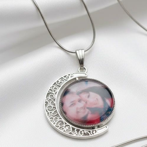 Personalized Rotating Moon Photo Necklace – Custom Filigree Crescent Pendant for Her