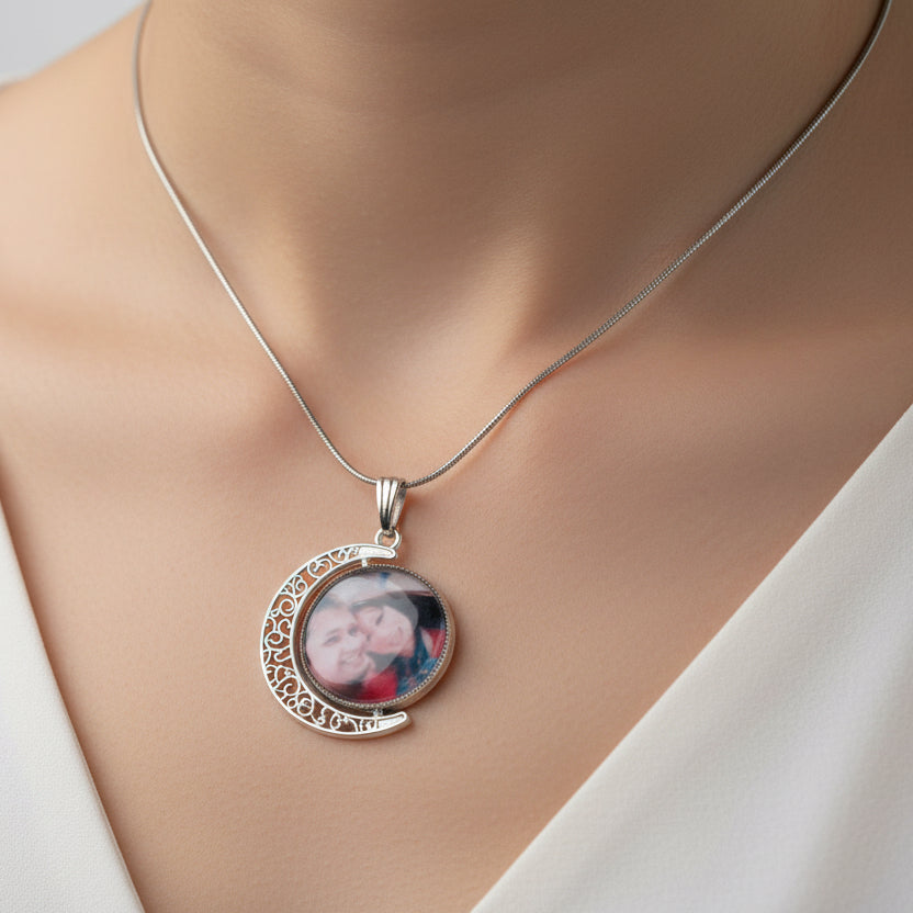 Personalized Rotating Moon Photo Necklace – Custom Filigree Crescent Pendant for Her