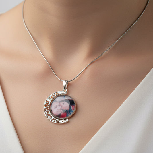 Personalized Rotating Moon Photo Necklace – Custom Filigree Crescent Pendant for Her