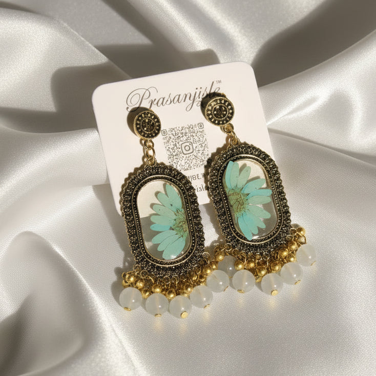 Vintage-Style Gold Pressed Flower Earrings | Teal Daisy Terrarium Drops