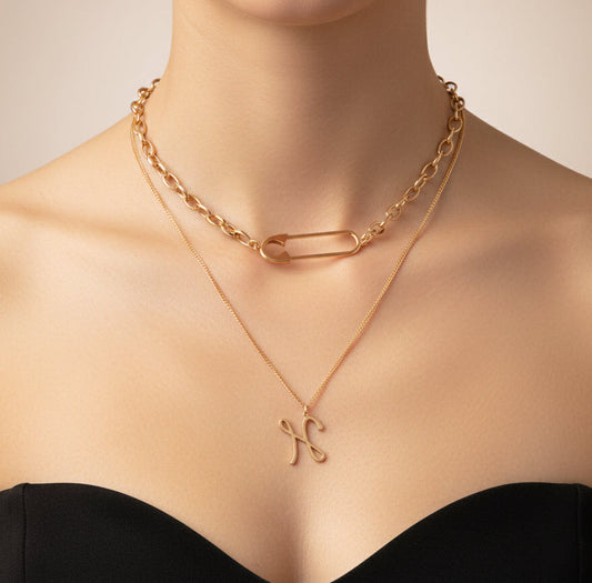 Duo Layered Gold Necklace | Statement Safety Pin