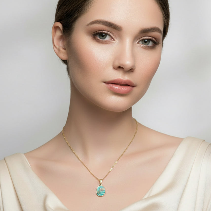 Vintage-Inspired Enamel Wildflower Necklace – Teardrop Pearl & Gold Floral Pendant in Serene Aqua