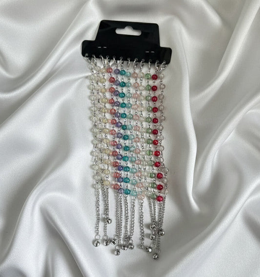 Pastel Beaded Bracelet with Silver Jingle Bell Charm - Adjustable Dangle Chain