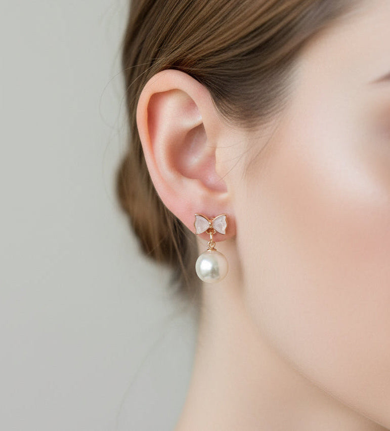 Elegant Bow & Faux Pearl Drop Earrings
