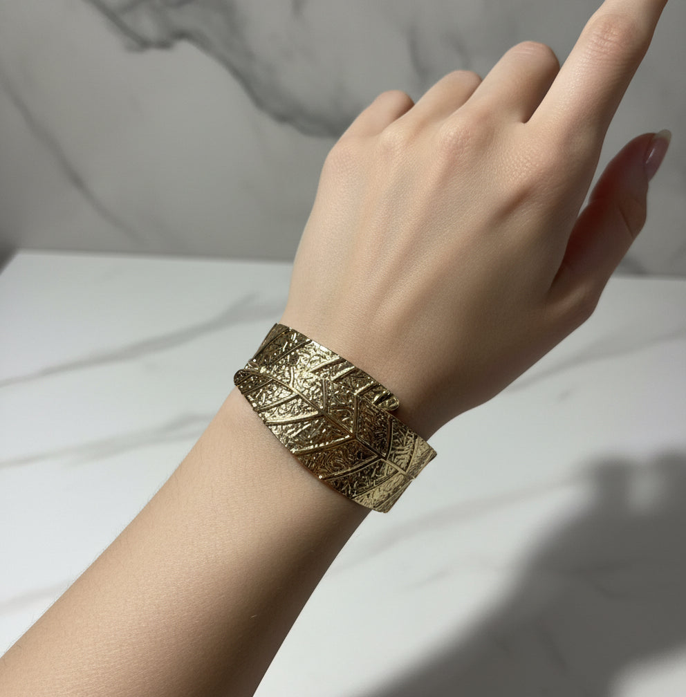 Textured Wide Gold Cuff Bracelet - Etched Botanical/Foliage Design - Secure Clasp