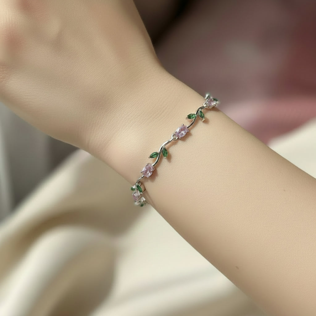 Enchanted Garden Gold-Tone Bracelet with Pink and Emerald Stones