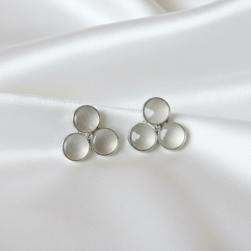 Radiant Cat-Eye Triple Cluster Studs – Shimmering Silver-Tone