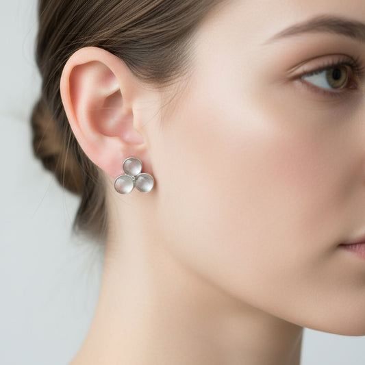 Radiant Cat-Eye Triple Cluster Studs – Shimmering Silver-Tone