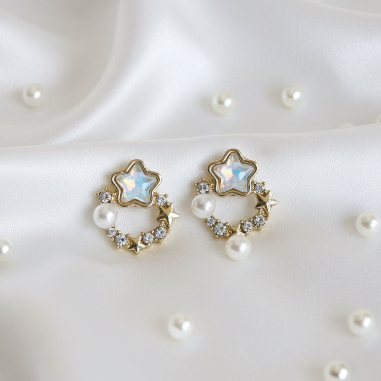Y2K Fairy-core Star Hoop Studs | Pearl & Crystal Dainty Earrings