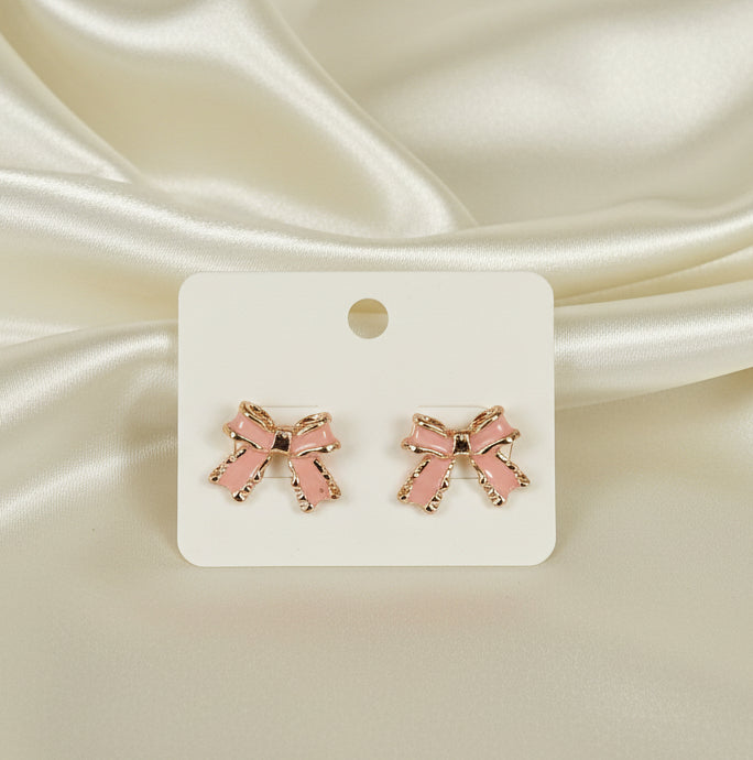 Rose Gold & Peach Pink Enamel Bow Stud Earrings – Cute Coquette Style
