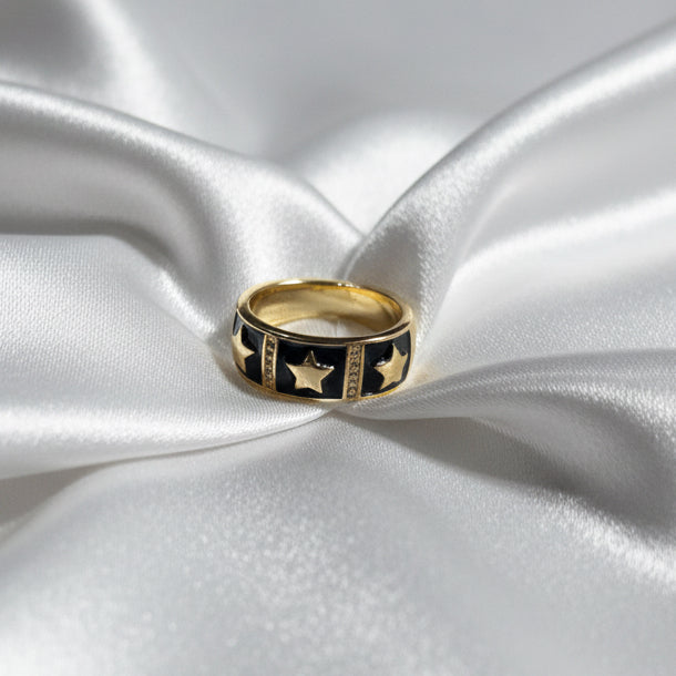 Celestial Star Band Ring | Black Enamel & Crystal Accents