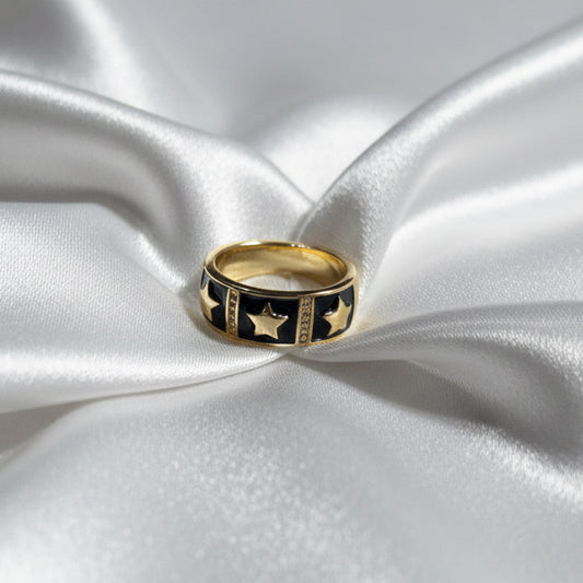 Celestial Star Band Ring | Black Enamel & Crystal Accents