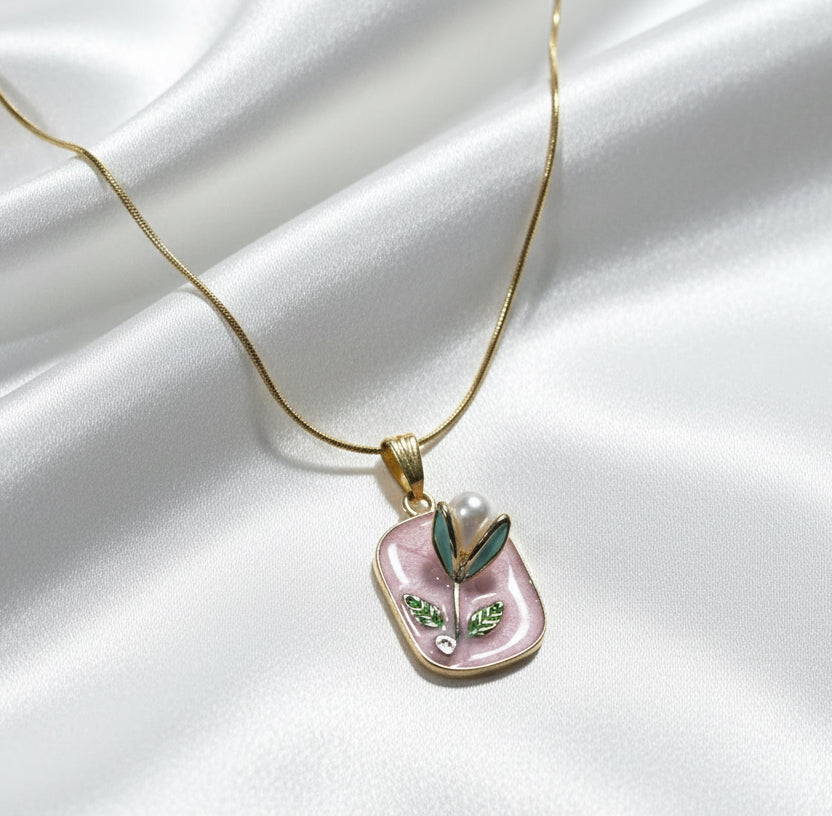 Rectangular Enamel Flower Necklace – Gold Snake Chain