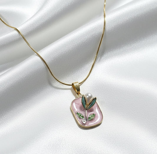 Rectangular Enamel Flower Necklace – Gold Snake Chain
