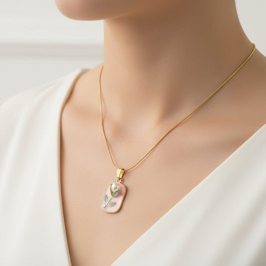 Rectangular Enamel Flower Necklace – Gold Snake Chain