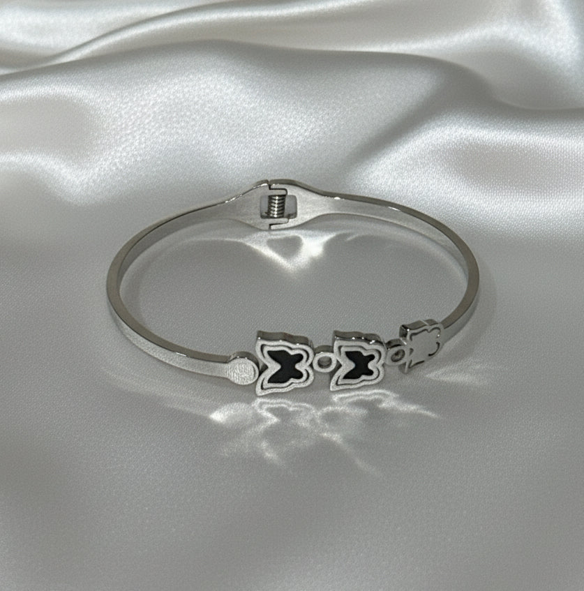 Triple Clover Stainless Steel Bangle | Lucky Quatrefoil Black Enamel Bracelet