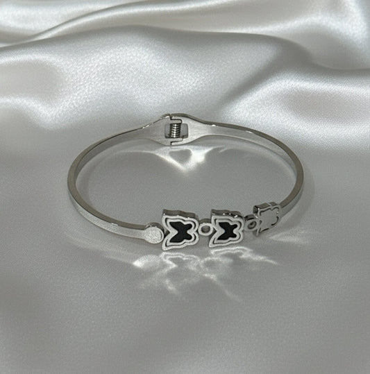 Triple Clover Stainless Steel Bangle | Lucky Quatrefoil Black Enamel Bracelet