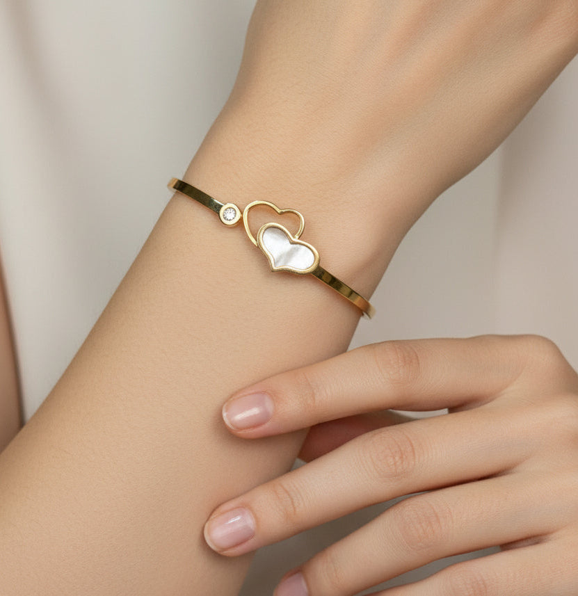 Mother of Pearl Double Heart Gold Bangle | CZ Accent Love Bracelet (free size)