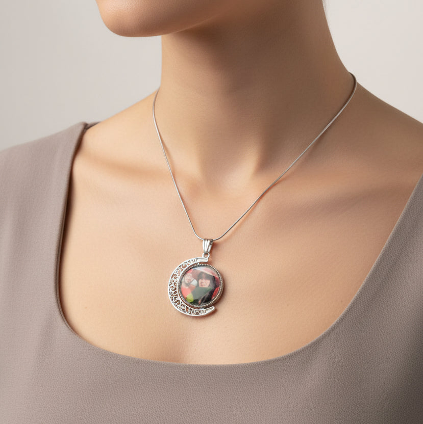 Personalized Rotating Moon Photo Necklace – Custom Filigree Crescent Pendant for Her