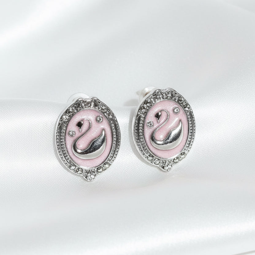 Korean Fashion Swan Motif Oval Studs with Crystal Halo