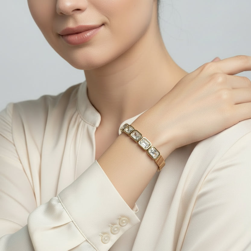 Aurora Emerald-Cut Crystal Inlay Bangle – Gold Toned