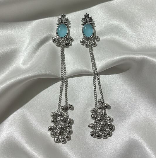 Oxidized Silver Long Chain Jhumka Earrings with Sky Blue Stone & Ghungroo Bells