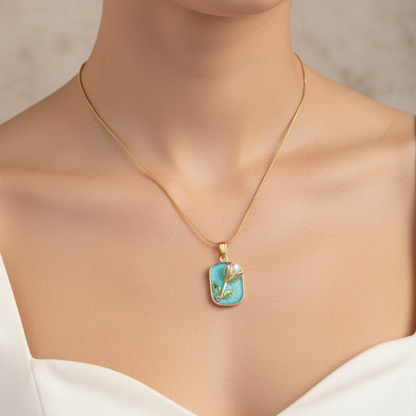Rectangular Enamel Flower Necklace – Gold Snake Chain
