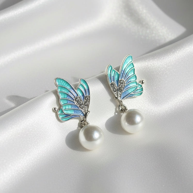 Enamel Butterfly Pearl Drop Earrings | Colorful Monarch Wings Jewelry