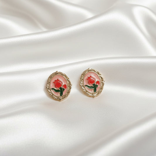 Vintage-Inspired Floral Enamel Studs – Peach & Crimson Rose Button Earrings with Gold-Tone Border