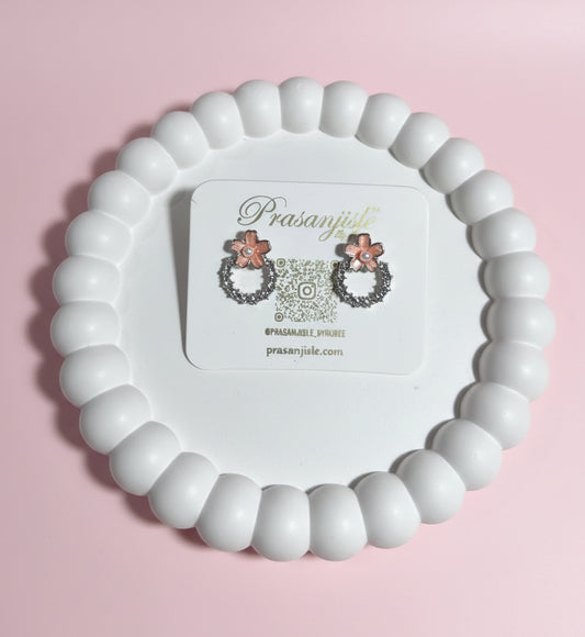 Dainty Enamel Flower & Pearl Wreath Stud Earrings | Sparkly Floral Halo Jewelry