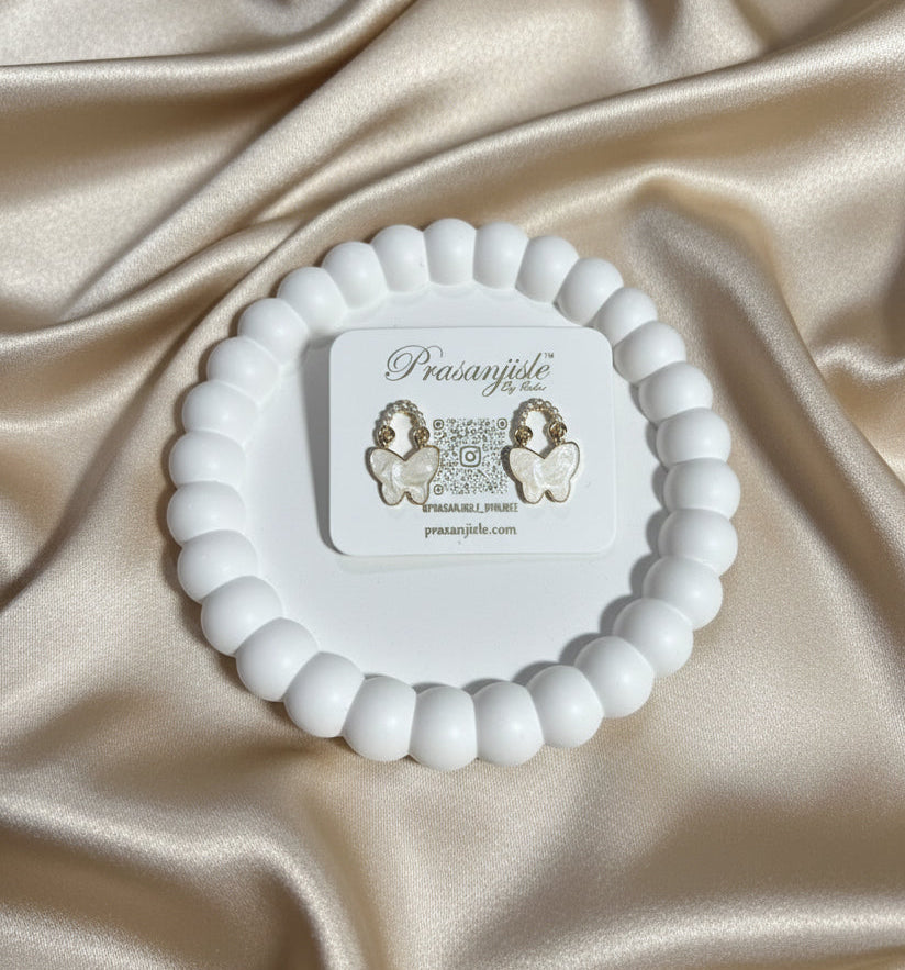 Gift for Her: Delicate Enamel Butterfly Hoop Earrings (Cream White)
