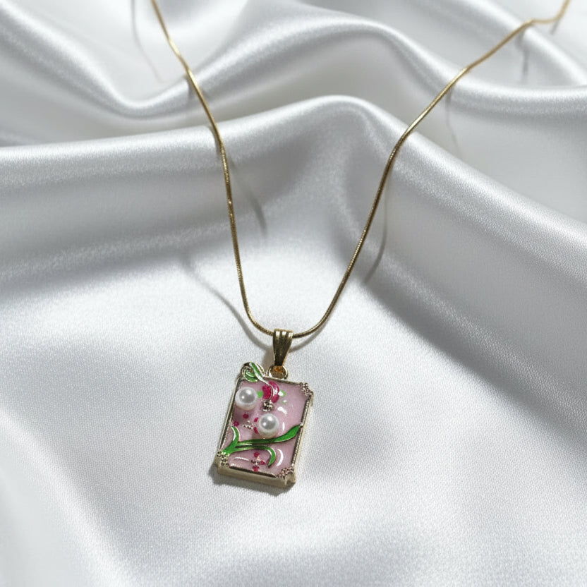 Vintage-Style Pink Enamel Floral Pendant Necklace with Pearls – Gold Snake Chain