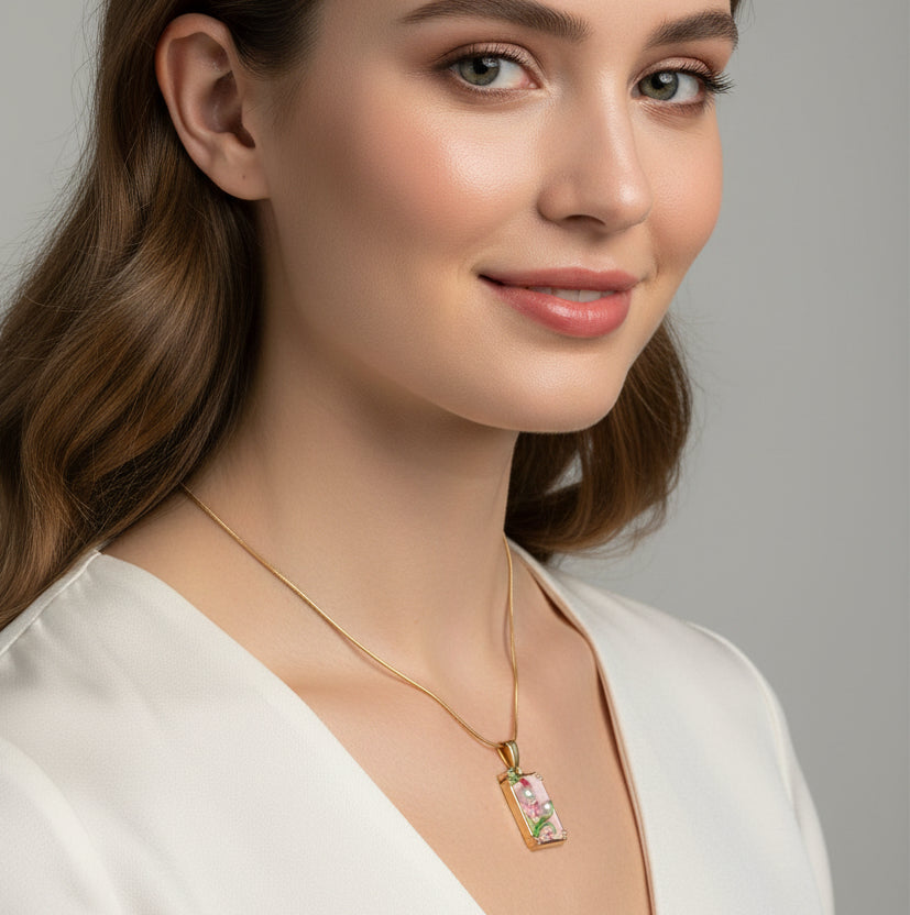 Vintage-Style Pink Enamel Floral Pendant Necklace with Pearls – Gold Snake Chain