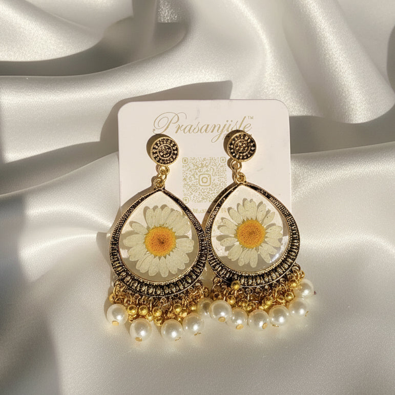White Daisy Pressed Flower Teardrop Earrings | Antique Gold Botanical Drops with Pearl-Style Accents
