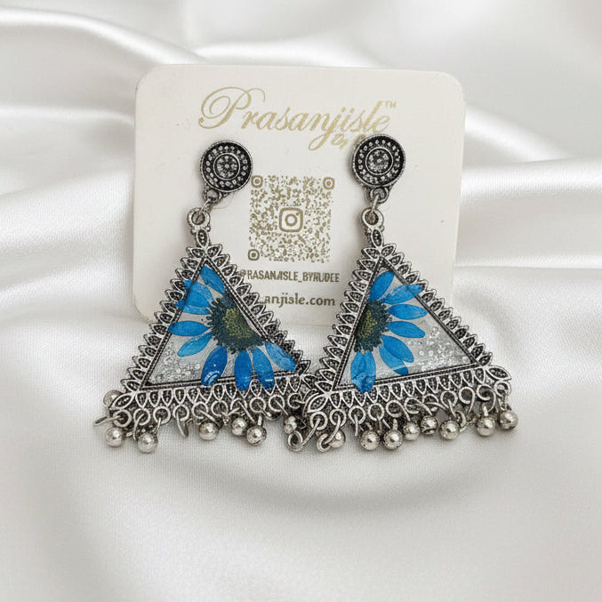 Bohemian Oxidized Silver Triangle Jhumka Earrings with Real Pressed Blue Flowers