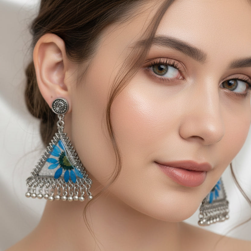 Bohemian Oxidized Silver Triangle Jhumka Earrings with Real Pressed Blue Flowers