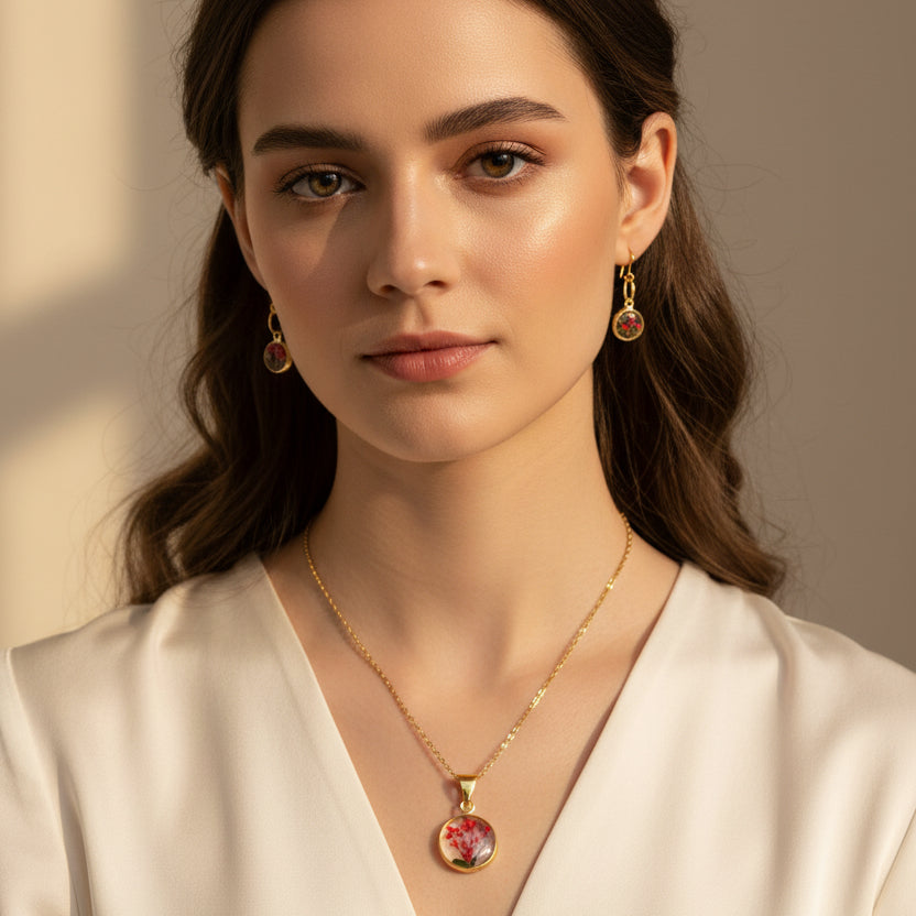 Real red Flower Resin Jewelry Set | Gold Plated Necklace & Earring Set | Botanical Handmade Gift for Her