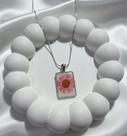"Forever Bloom" Pink Flower Necklace - Resin and Sterling Silver-Tone Daisy Pendant