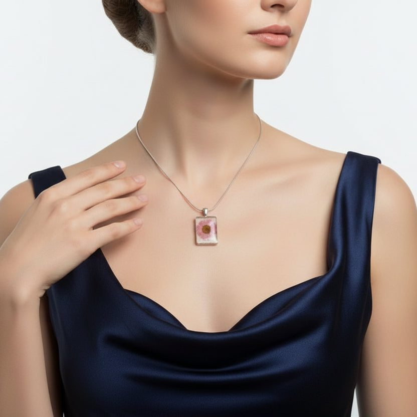 "Forever Bloom" Pink Flower Necklace - Resin and Sterling Silver-Tone Daisy Pendant