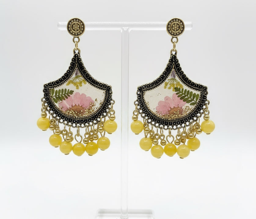 Ethnic Black & Gold Jhumka Chandelier Earrings | Pink Pressed Flower Inlay & Bright Yellow Bead Dangles