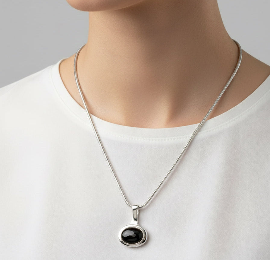 Oval Black Stone Pendant Necklace