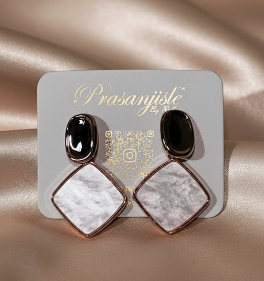 Chic Diamond & Oval Dangle Earrings - Black and Marbled White Geometric Drop