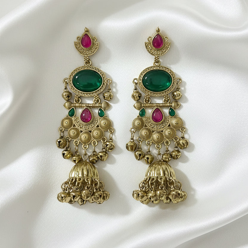 Antique Gold-Tone Jhumka Earrings with Emerald Green & Ruby Pink Stones
